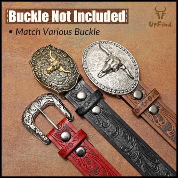 Western Leather Belt Strap Floral Embossed Faux Leather Snap Closure - Picture 3 of 7